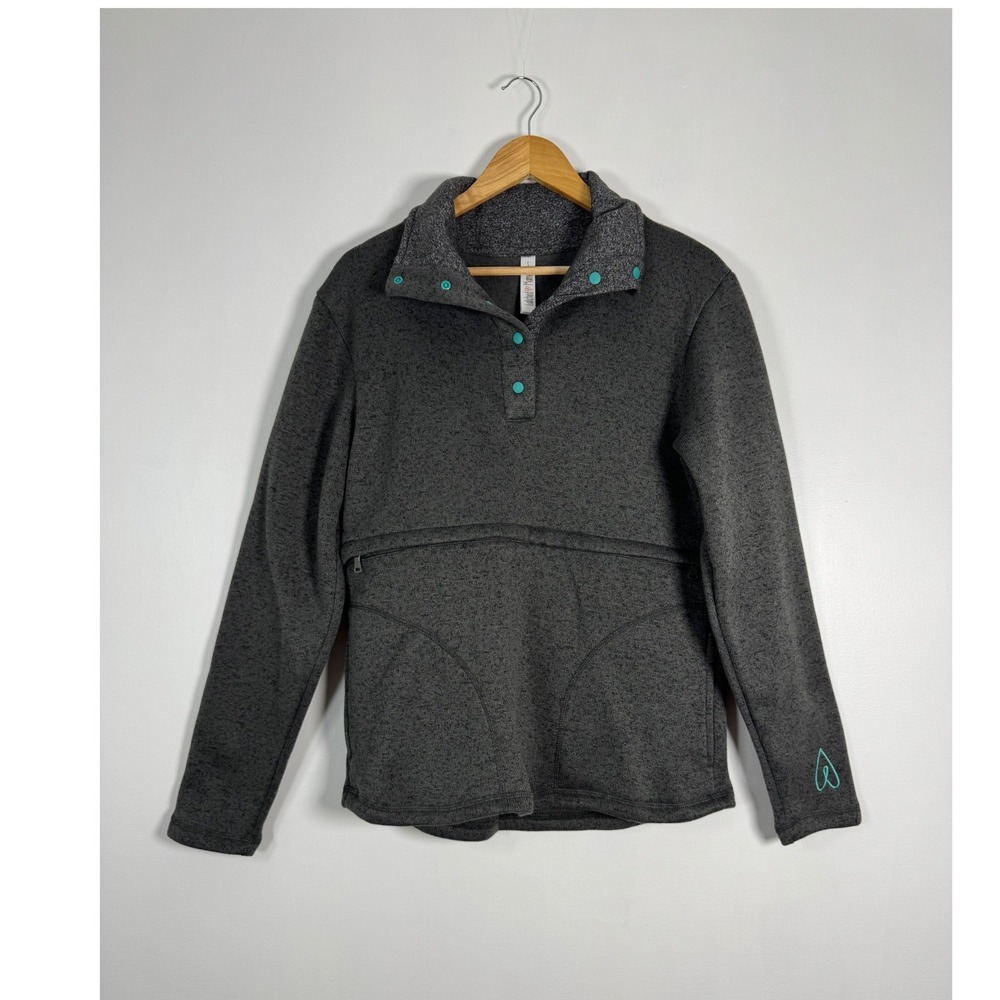 Nursing Latched Mama Womens S Pullover Charcoal Grey Turquoise Snap Sweater